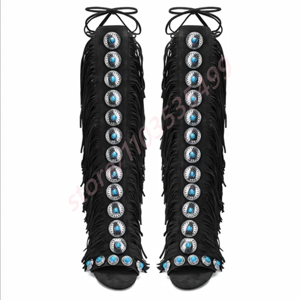 Bottes Gland Gemmes Catwalk Stiletto Femme – Luxe Romain Bout Ouvert Scène Mode