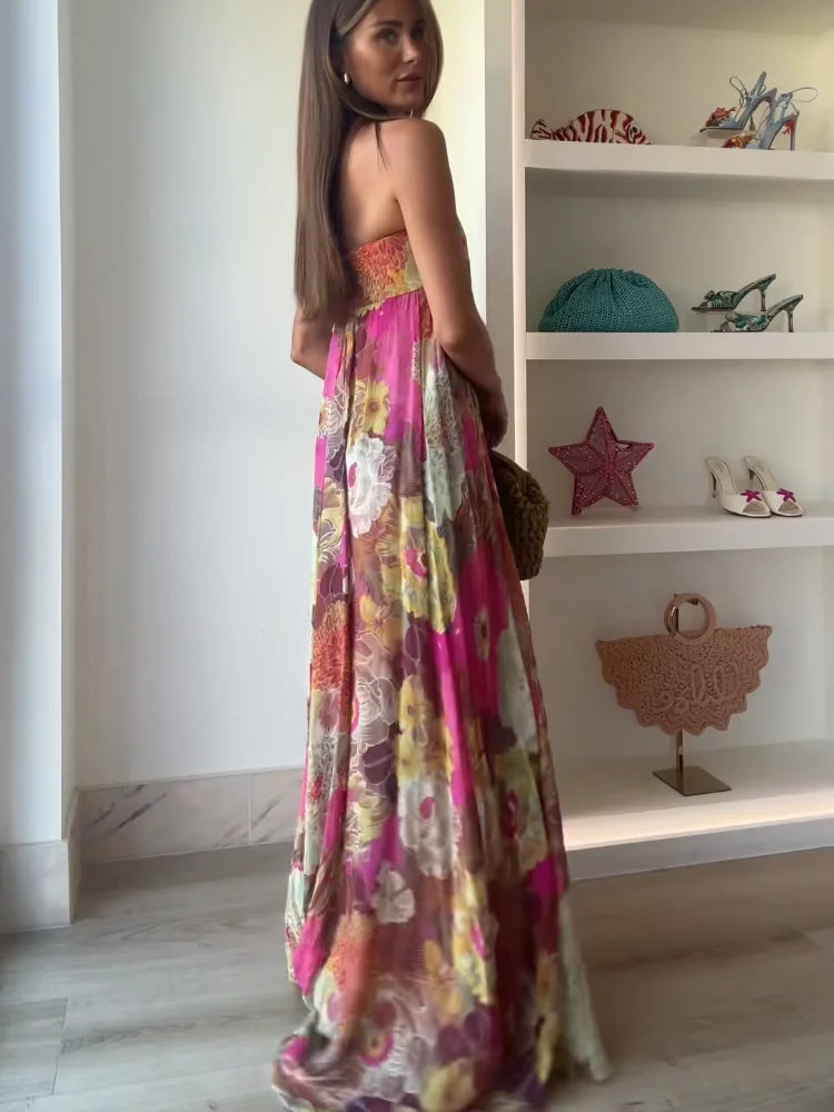 Robe Maxi Femme Imprimée Sans Bretelles Épaules Dénudées Dos Nu Sans Manches Taille Haute – Robe de Soirée Élégante | Été