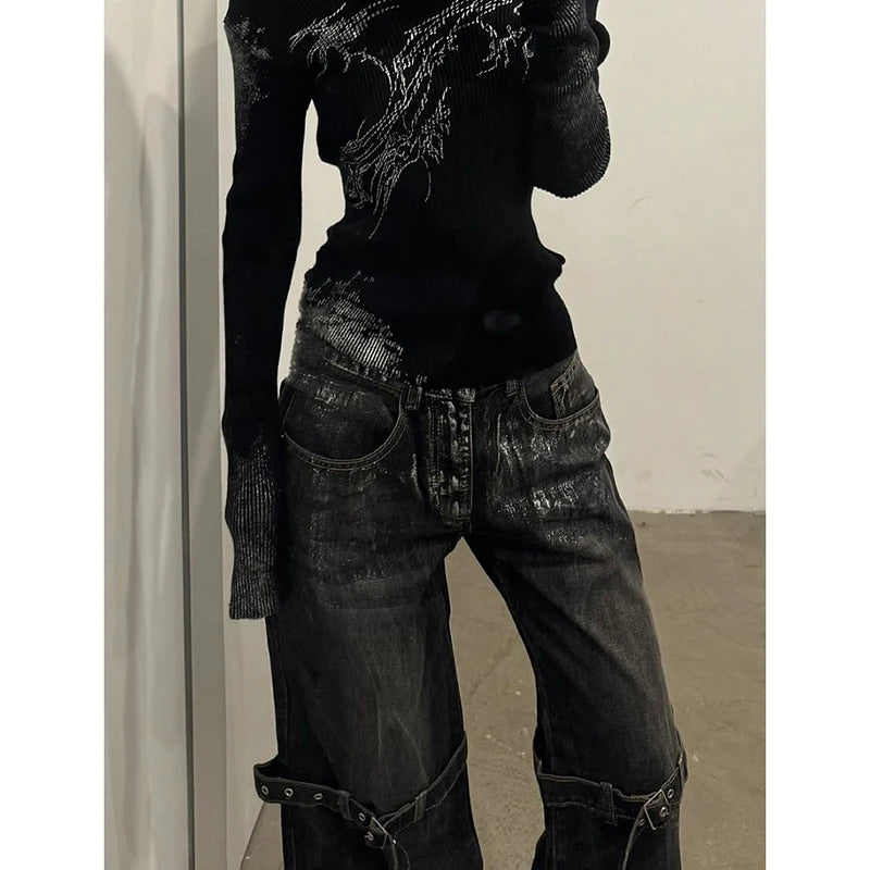 Jean Large Femme Noir Taille Haute Y2K Harajuku Étoiles Hip Hop Streetwear – Pantalon Denim Jambe Large Tendance | Style Coréen