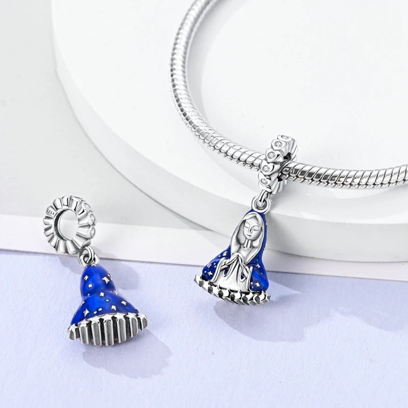 Charm Argent 925 Bleu Rotatif – Œil Démon, Main, Lune & Ciel Étoilé | Perle Pendentif Bracelet Femme | Bijou Spirituel & Mystique