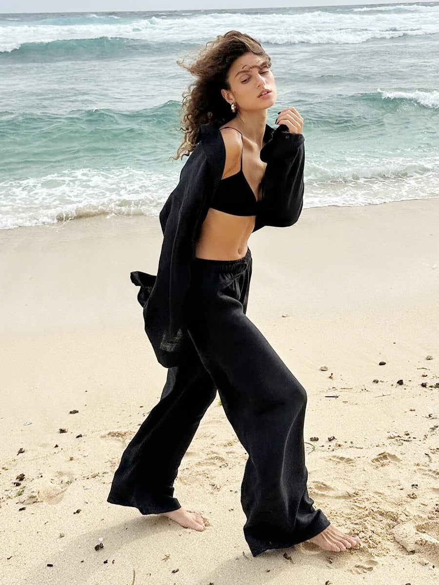 Damen-Zweiteiler aus Baumwolle, legeres Reverskragenhemd mit langen Ärmeln und Hose mit elastischem Bund, einfarbig, bequem – Sommer-Outfit | Bornladies