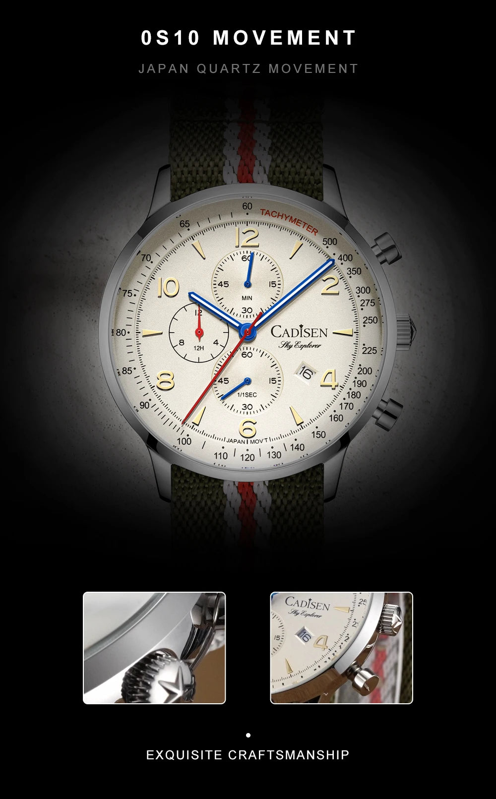 Montre Homme Luxe CADISEN Chronographe Quartz Japonais MIYOTA Bracelet Toile – Étanche Fashion