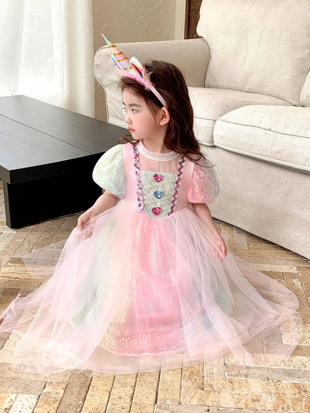 Meerjungfrau Prinzessin Kleid Mädchen Pailletten Perlen Puffärmel – Faschingskostüm Halloween Cosplay