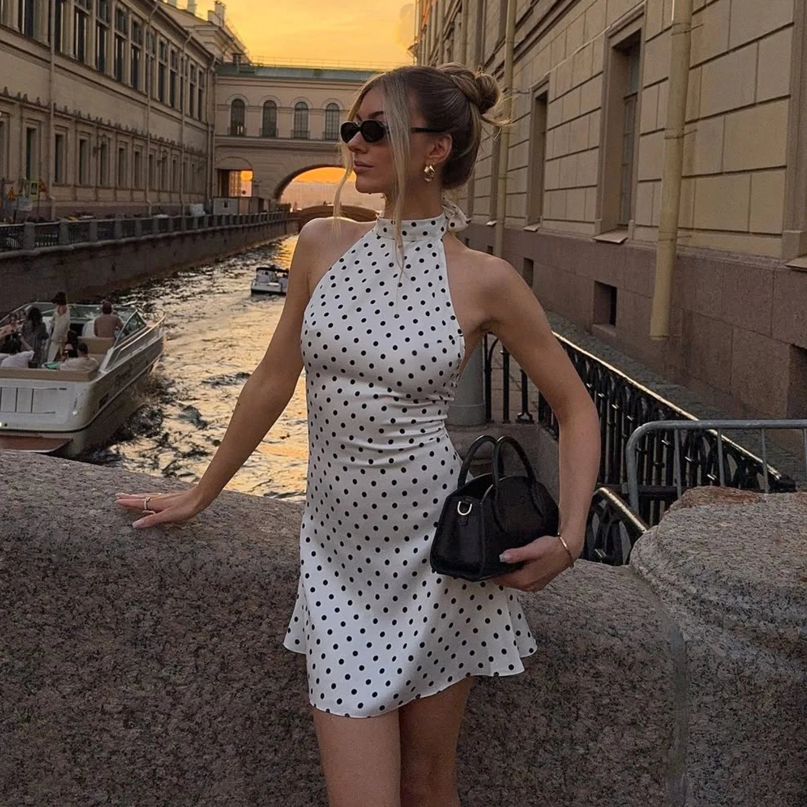 Mini Robe Femme Pois Élégante Épaules Dénudées Dos Nu Taille Haute Halter – Y2K Club & Soirée | Été