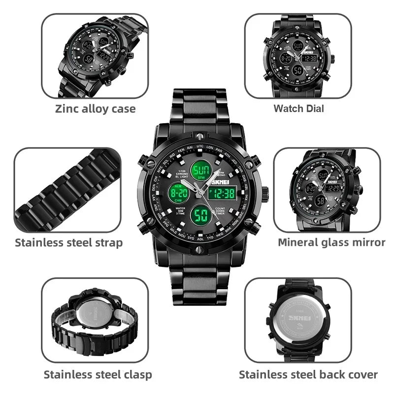 Montre Homme SKMEI Luxe Bracelet Acier 3 Fuseaux Horaires LED Sport Alarme Analogique Digitale Chronomètre | Montre SKMEI Multifonction Sport Luxe Premium
