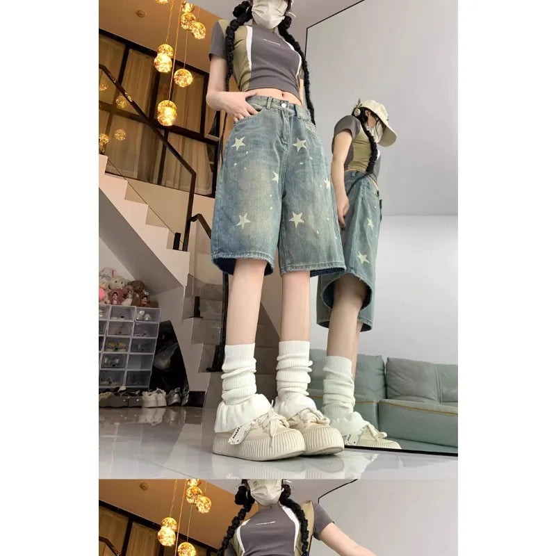 Short Jean Femme Imprimé Floral & Étoiles Style Rétro Américain – Jambe Droite Large Stretch Confortable
