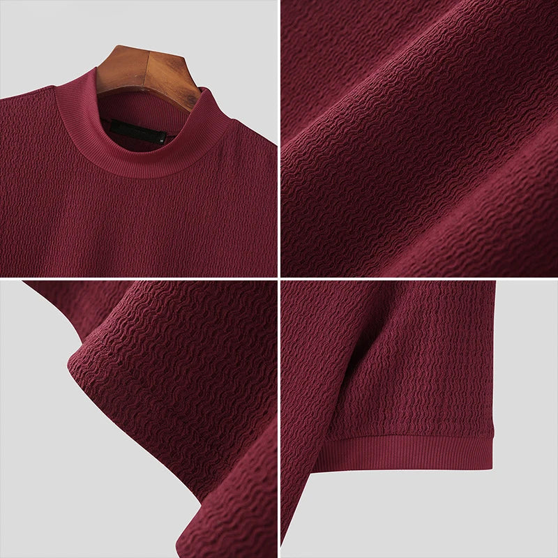T-Shirt Homme Moulant Col Haut Texturé Couleur Unie Manches Courtes Style Coréen K-Fashion Streetwear Casual Été | Tee Shirt Col Haut K-Fashion Premium