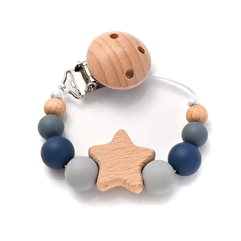 Attache-Tétine Bébé Perles Silicone & Bois Étoile – Chaîne Anneau Dentition Jouet À Mâcher Cadeau Naissance