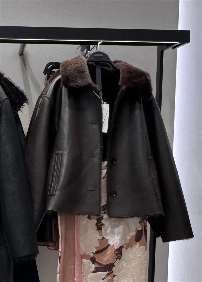 Veste Femme Cuir Synthétique Réversible Marron 2025 – Manches Longues Automne Hiver Unique