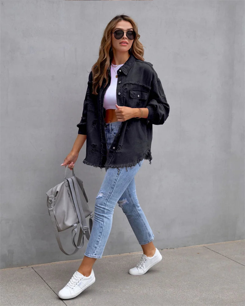 Veste en Jean Femme Bords Bruts Troués – Style Chemise Casual | Printemps Automne Tendance 2025