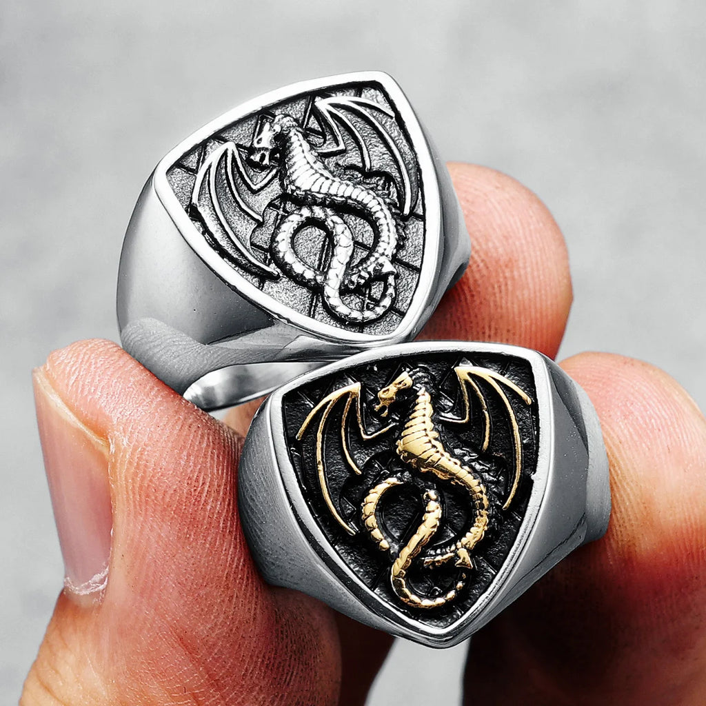 Bague Dragon Bouclier Acier 316L Homme — Style Rock Punk Viking Biker Retro