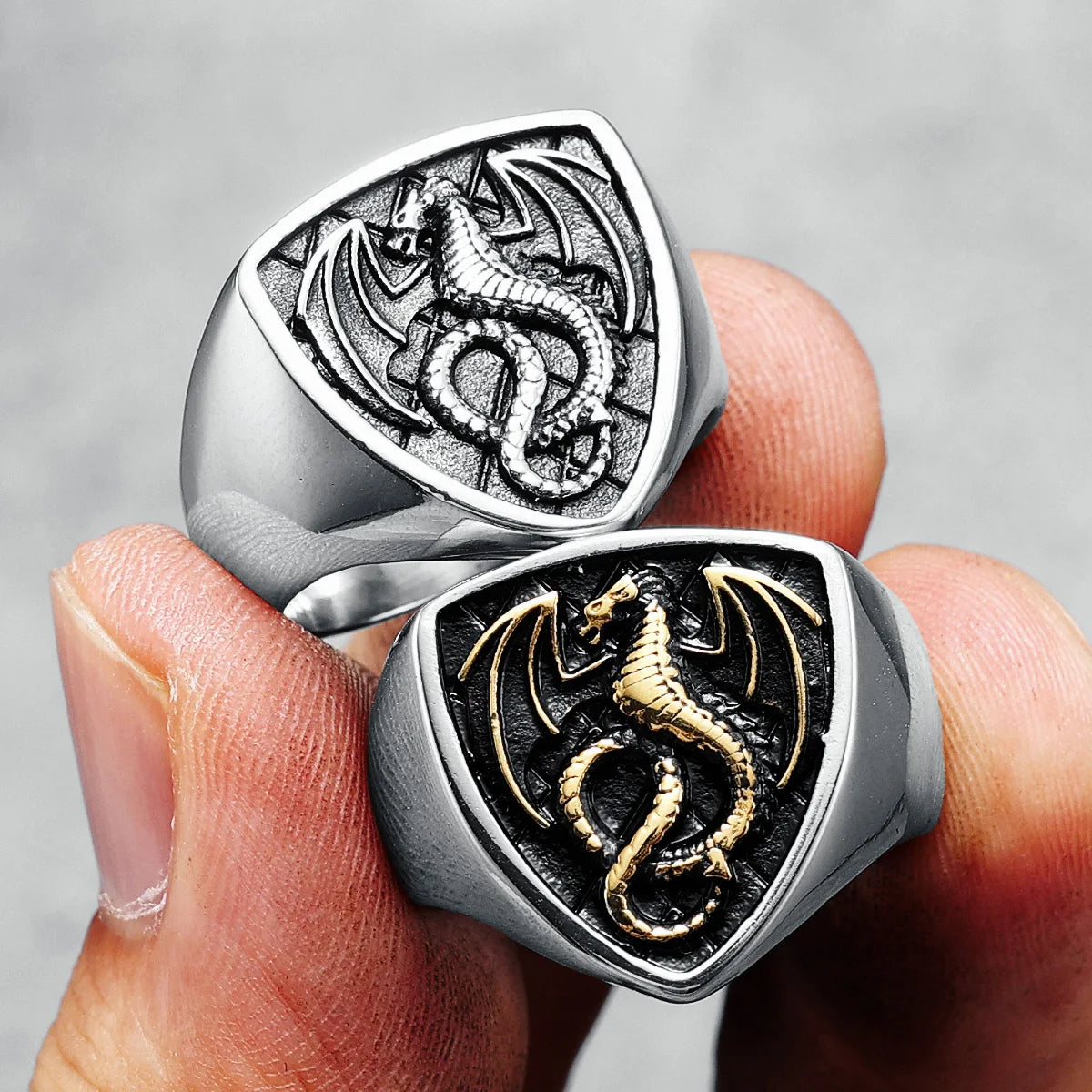 Bague Dragon Bouclier Acier 316L Homme — Style Rock Punk Viking Biker Retro