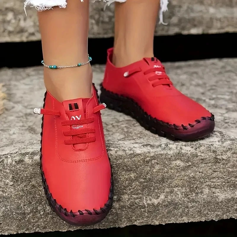 Sneakers Plateforme Loafers Lacets Cuir Femme 2024 – Flat Slip-On Casual Mom Shoe Printemps