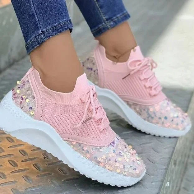 Sneakers Glitter Sequins Femme Grande Taille 43 – Running Sport Outdoor Lacets Fashion