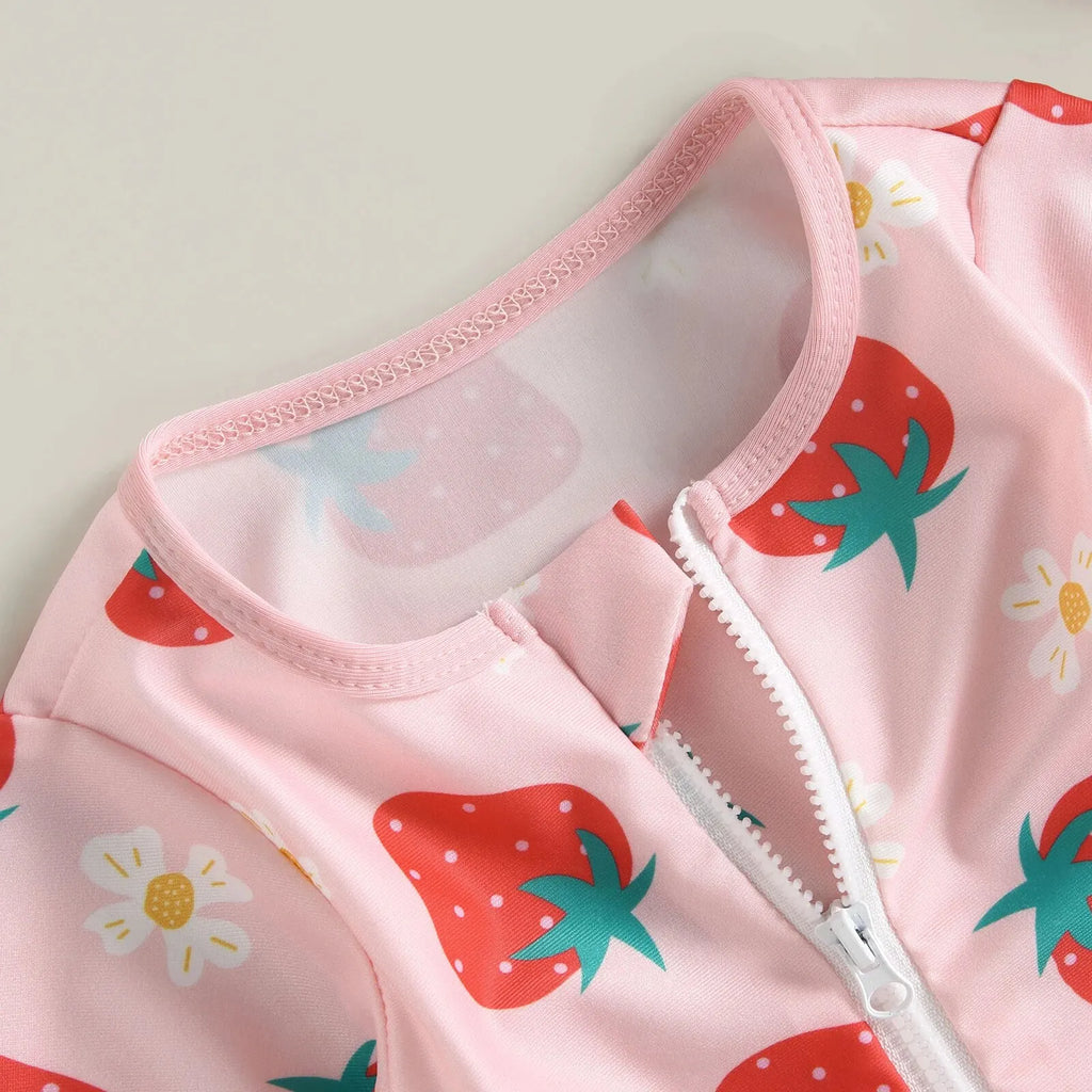 Maillot de Bain Bébé Fille Combinaison Zipper – Imprimé Flamant Rose Fleurs Manches Longues + Bandeau Été