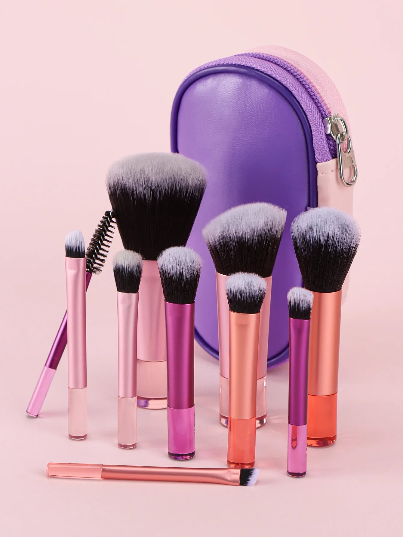 Set 10 Mini Pinceaux Maquillage Manche Crystal – Voyage Friendly avec Pochette | Pinceaux Yeux & Fond de Teint Débutantes