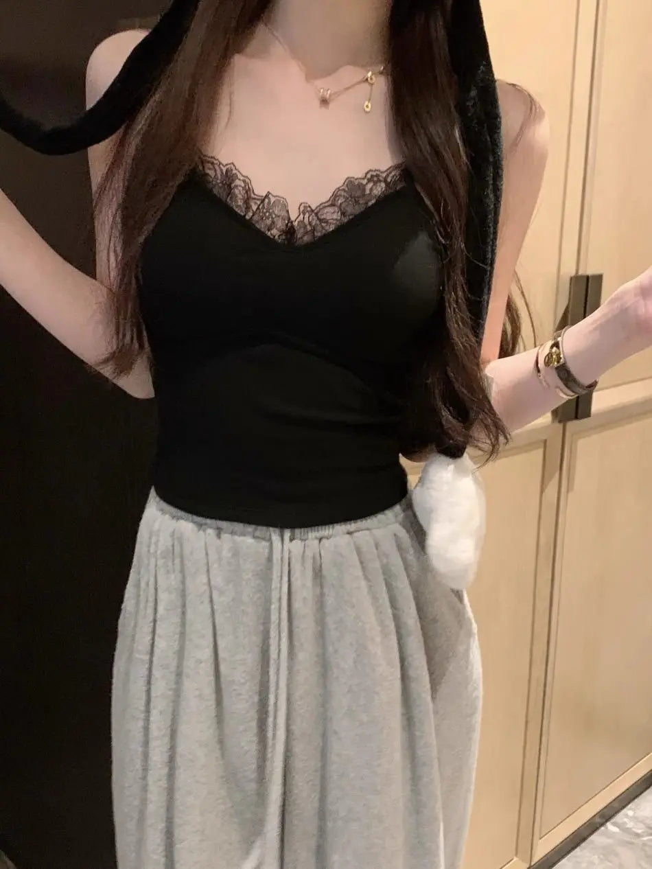 Camisole Dentelle Crop Top Femme Sans Manches – Style Coréen Coquette | Blanc Noir Y2K Été