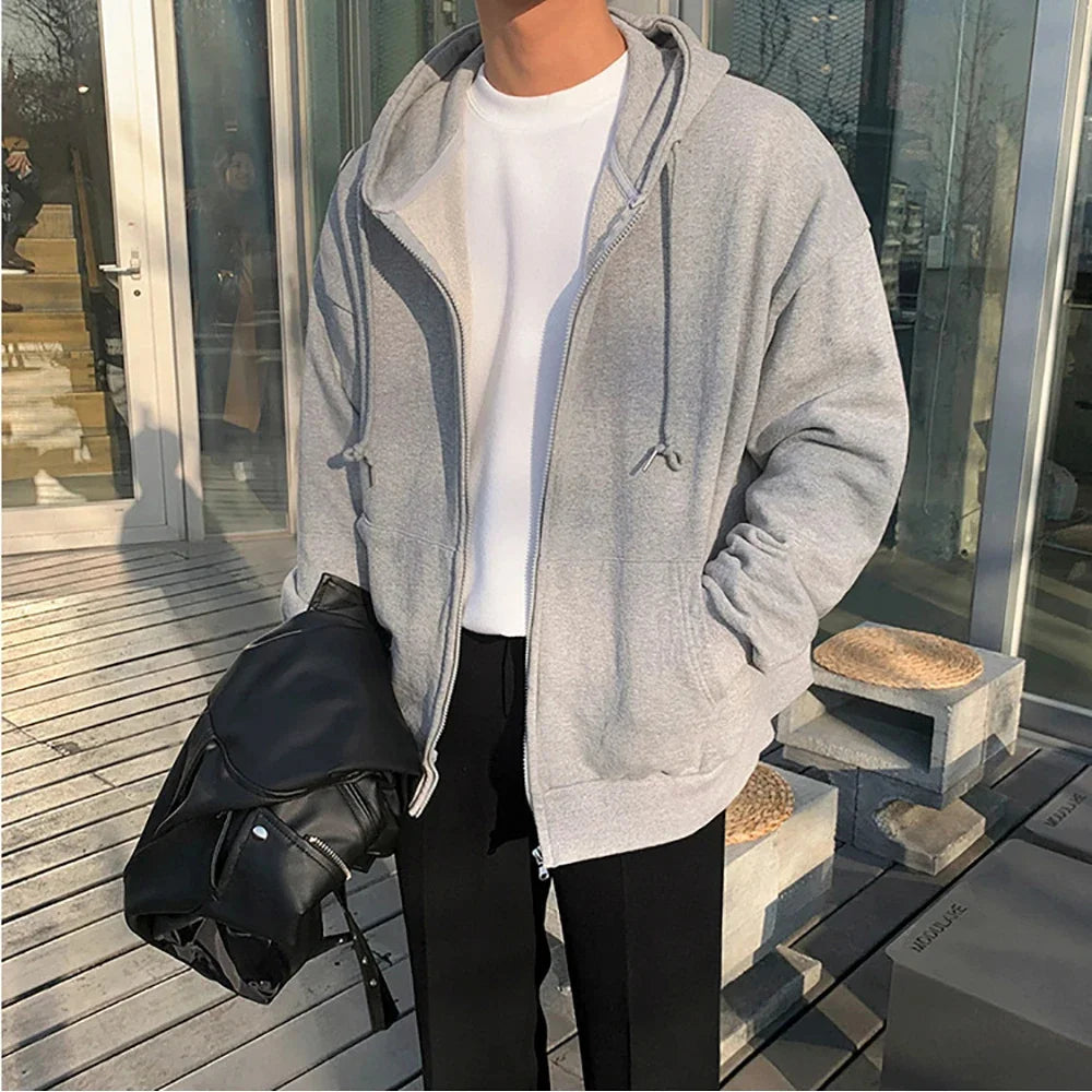 Sweat à Capuche Homme Zippé Uni Loose Manches Longues Y2K High Street Casual Outdoor – Veste Hoodie Streetwear Tendance | Mode Homme Urban