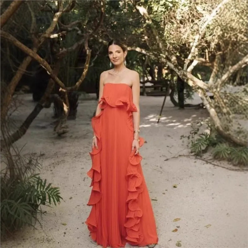 Robe Longue Femme Orange Chiffon Plissée Volants Sans Bretelles – Élégante Plage & Soirée | Été