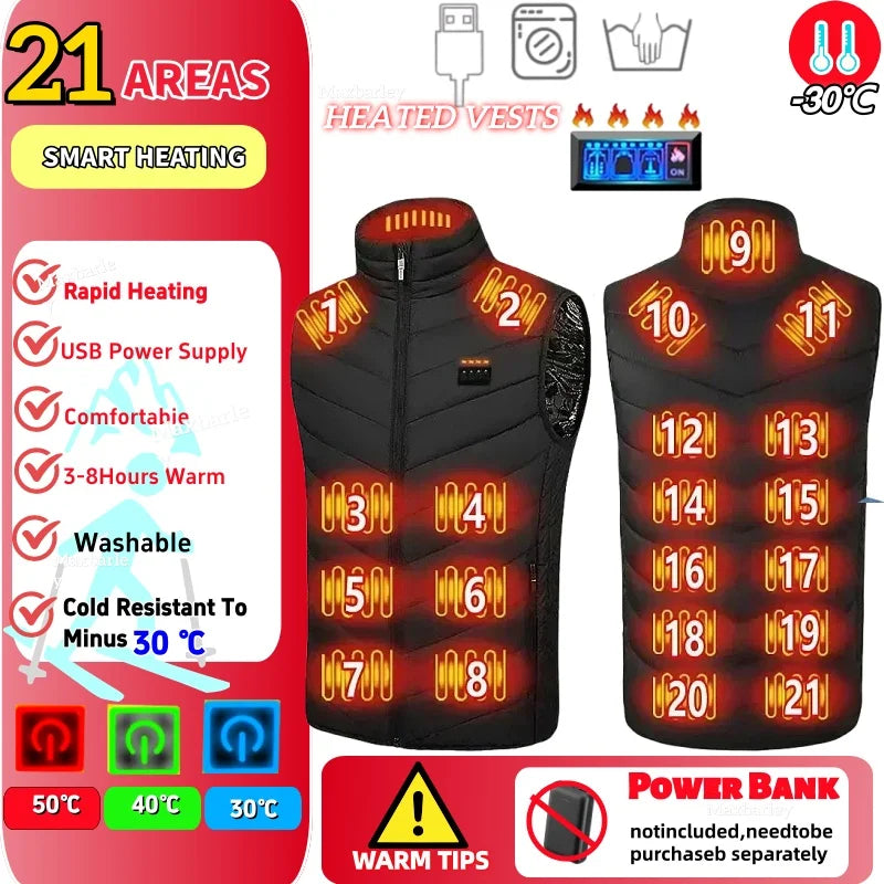 Veste Chauffante Homme Hiver USB Électrique 21 Zones Chauffantes – Manteau Auto-Chauffant Ski Neige Outdoor Gilet Matelassé | Mode Homme Tech Premium