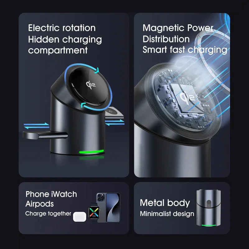 Chargeur Qi2 3-en-1 Multifonction Tactile Rotatif – iPhone 16 15 14 Pro Max iWatch Écouteurs