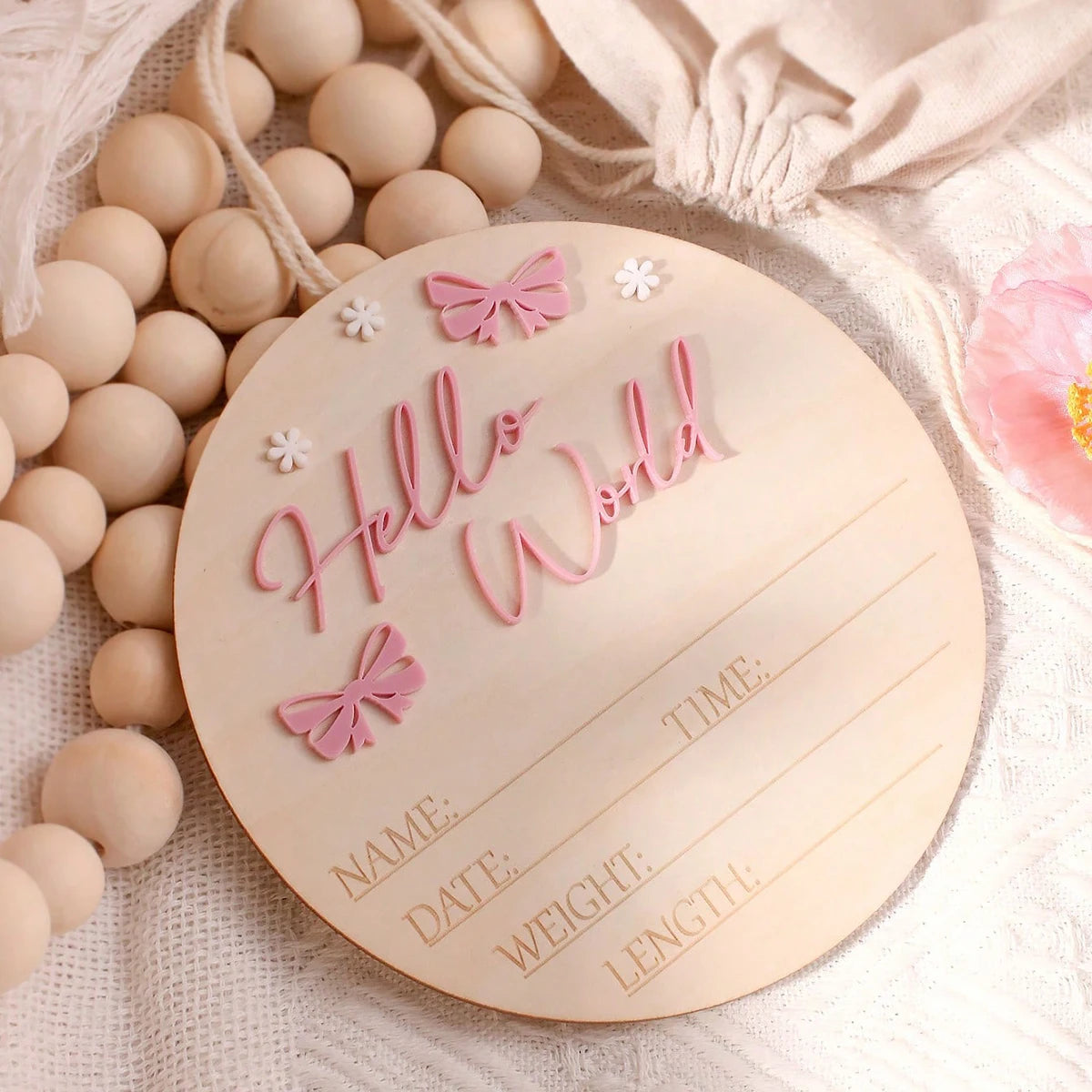 Pancarte Naissance Bébé « Hello World » – Déco Maternité Rose Poudré Papillon Étoile Photo Nouveau-Né