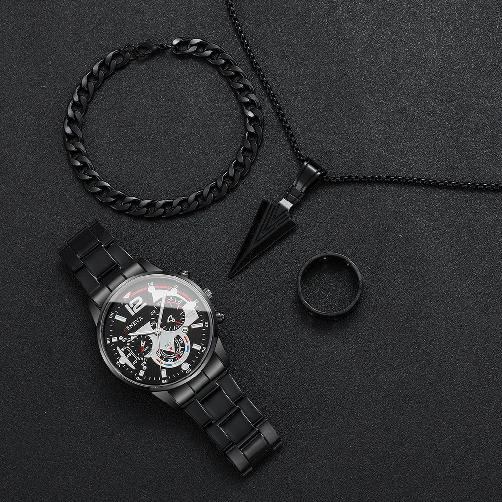 4PCS/Set Fashion Men Business Watches Casual Quartz Watch With Calendar Jewelry Set for Mens Clock Reloj Hombre（Without Box）