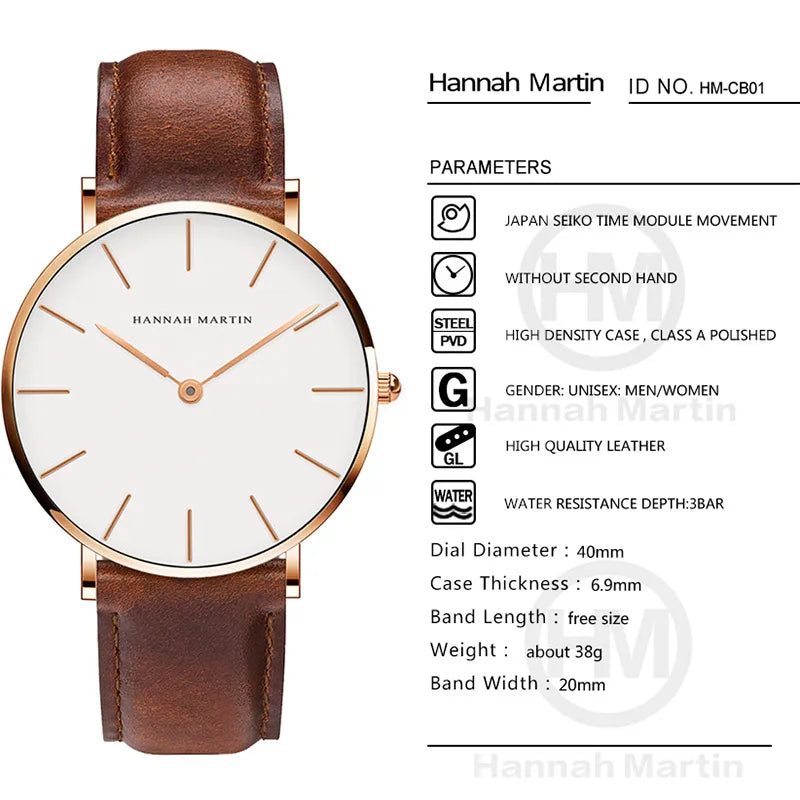 Montre Homme Hannah Martin Quartz Japonais – Bracelet Cuir Marron Argenté Étanche Fashion