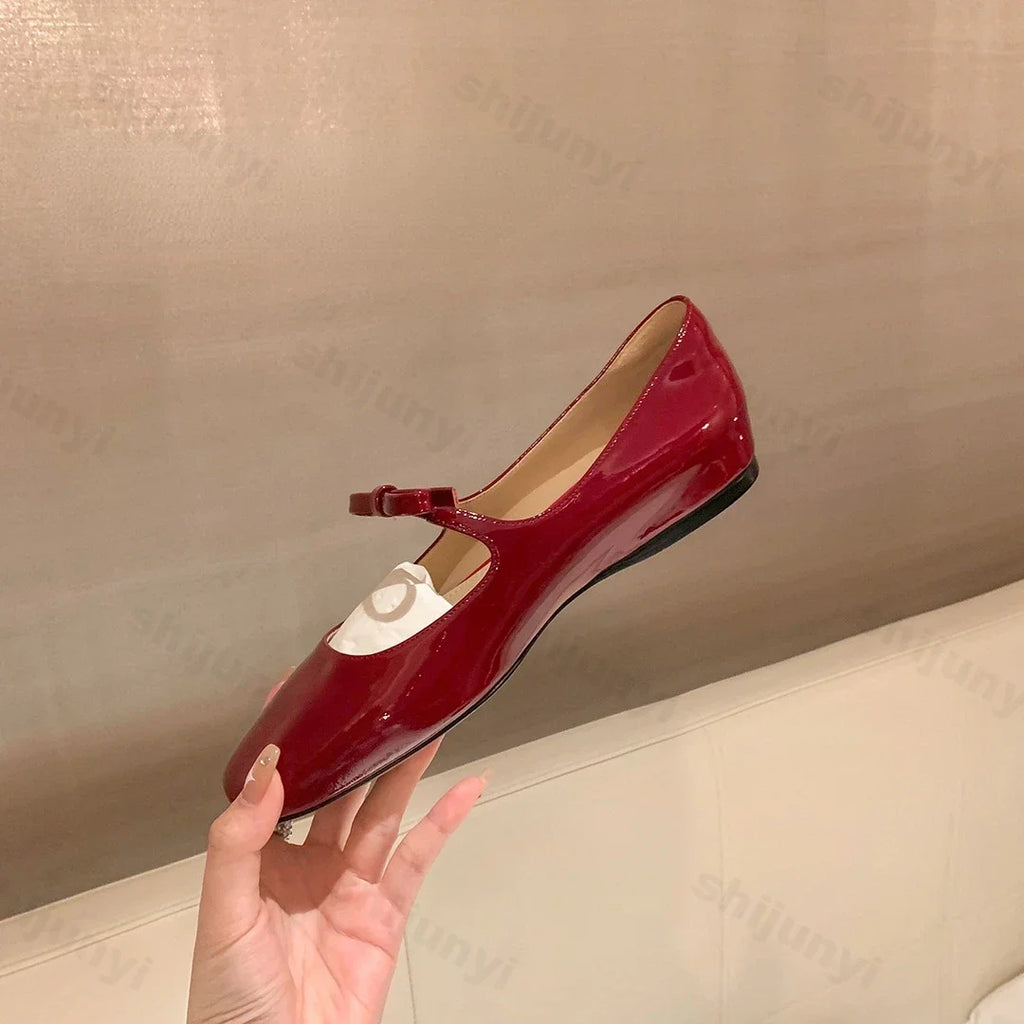 Ballerines Mary Jane Glossy Bowknot Rouge 2025 – Bout Carré Danse Mariage Bal Nuptial
