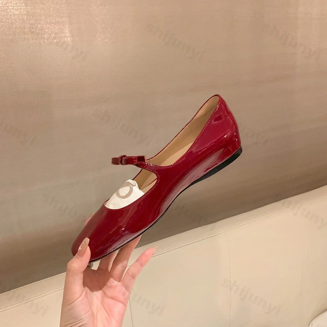 Ballerines Mary Jane Glossy Bowknot Rouge 2025 – Bout Carré Danse Mariage Bal Nuptial