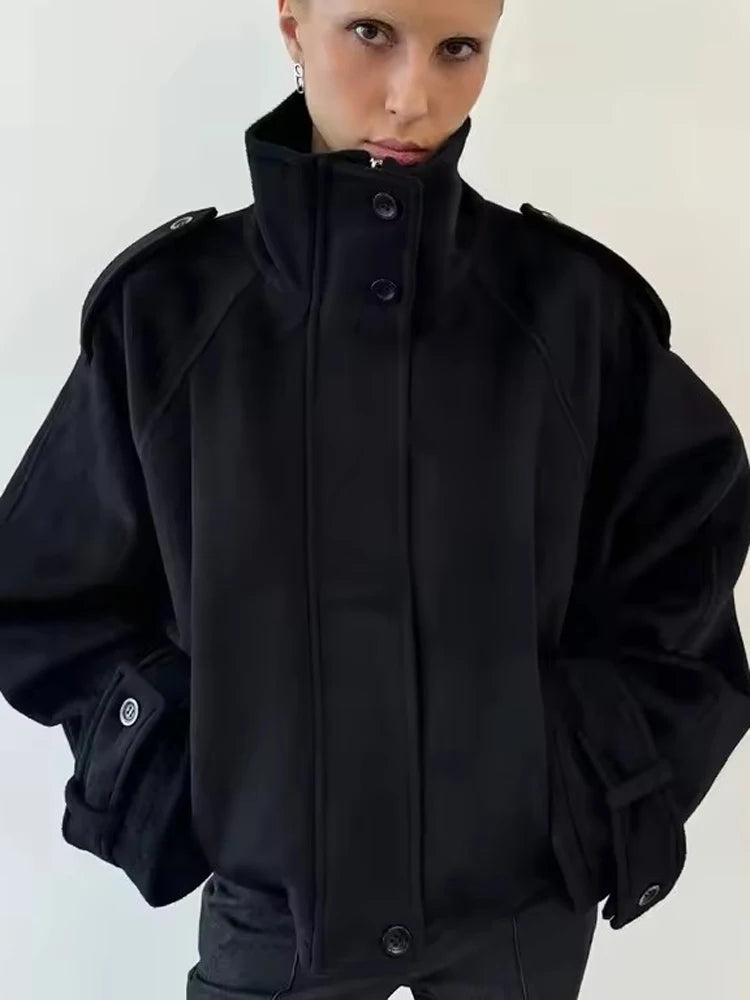 Kurzer Damenmantel aus Wolle Vintage Weit Stehkragen – Warmer Casual-Mantel | High Street | FSMG