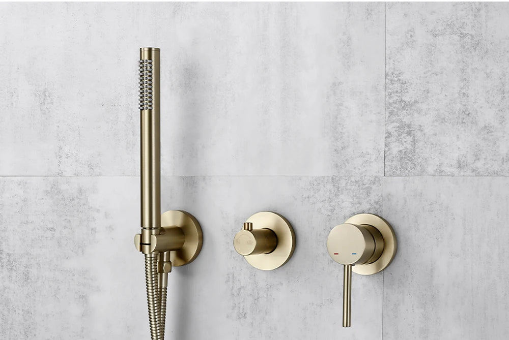 Bagnolux Ensemble Douche Pluie Mural Or Brossé – Valve de Contrôle, Pommeau Pluie, Douchette & Flexible | Salle de Bain Luxe