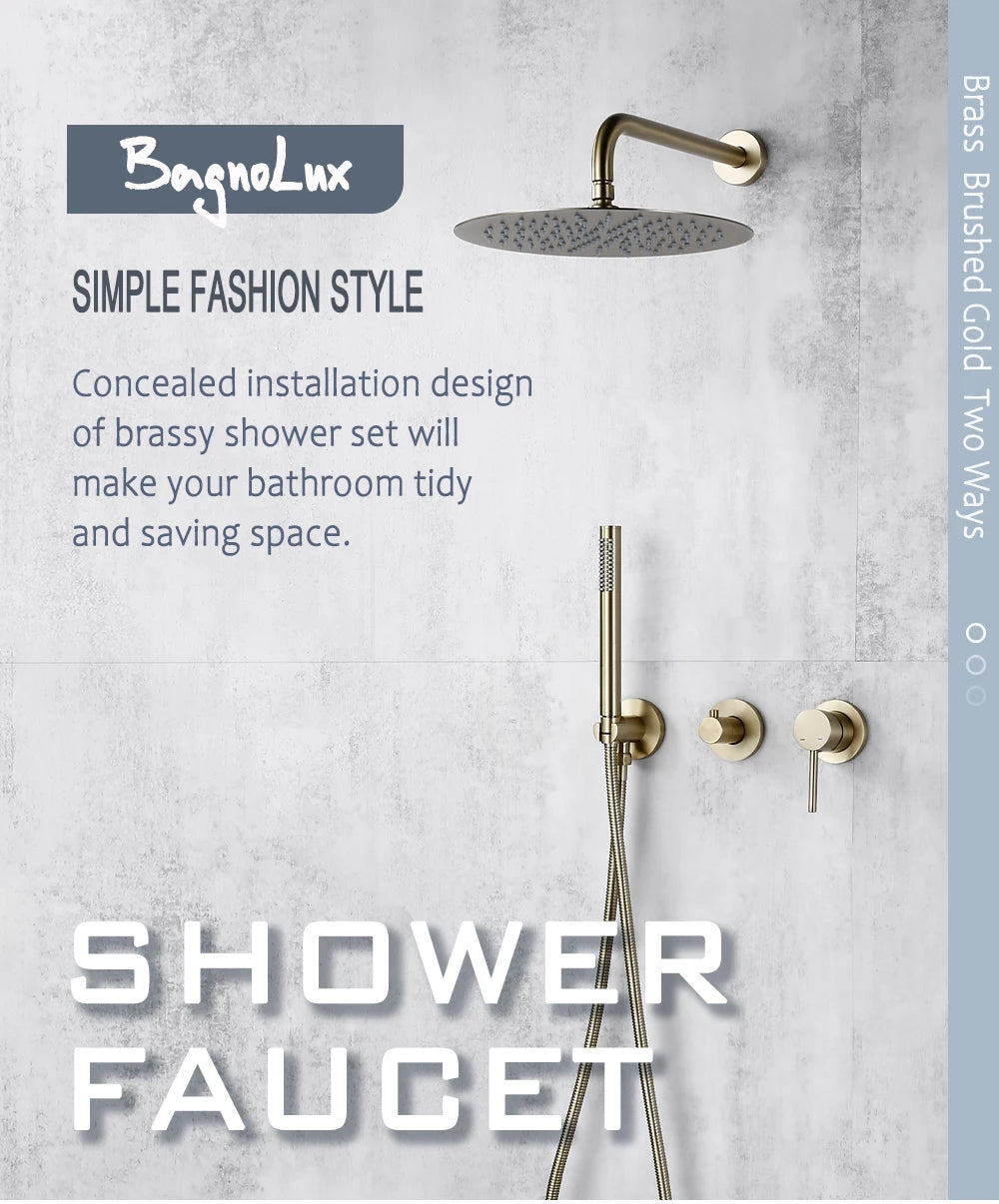 Bagnolux Ensemble Douche Pluie Mural Or Brossé – Valve de Contrôle, Pommeau Pluie, Douchette & Flexible | Salle de Bain Luxe