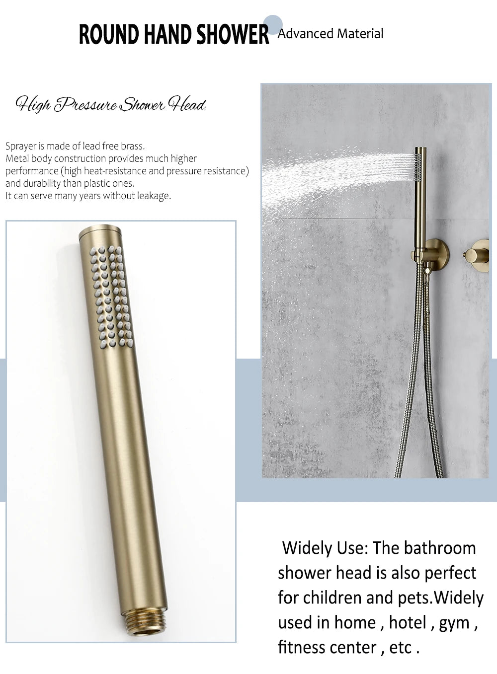 Bagnolux Ensemble Douche Pluie Mural Or Brossé – Valve de Contrôle, Pommeau Pluie, Douchette & Flexible | Salle de Bain Luxe