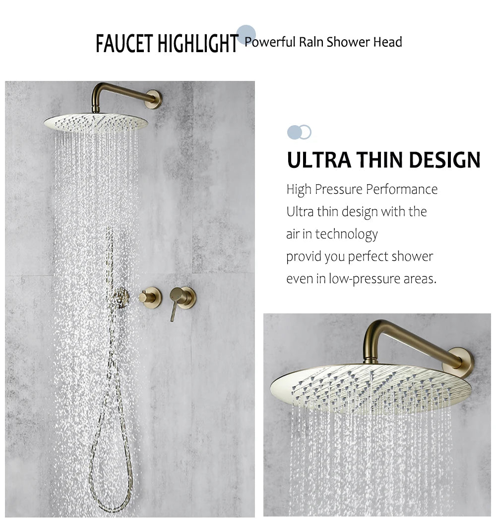 Bagnolux Ensemble Douche Pluie Mural Or Brossé – Valve de Contrôle, Pommeau Pluie, Douchette & Flexible | Salle de Bain Luxe