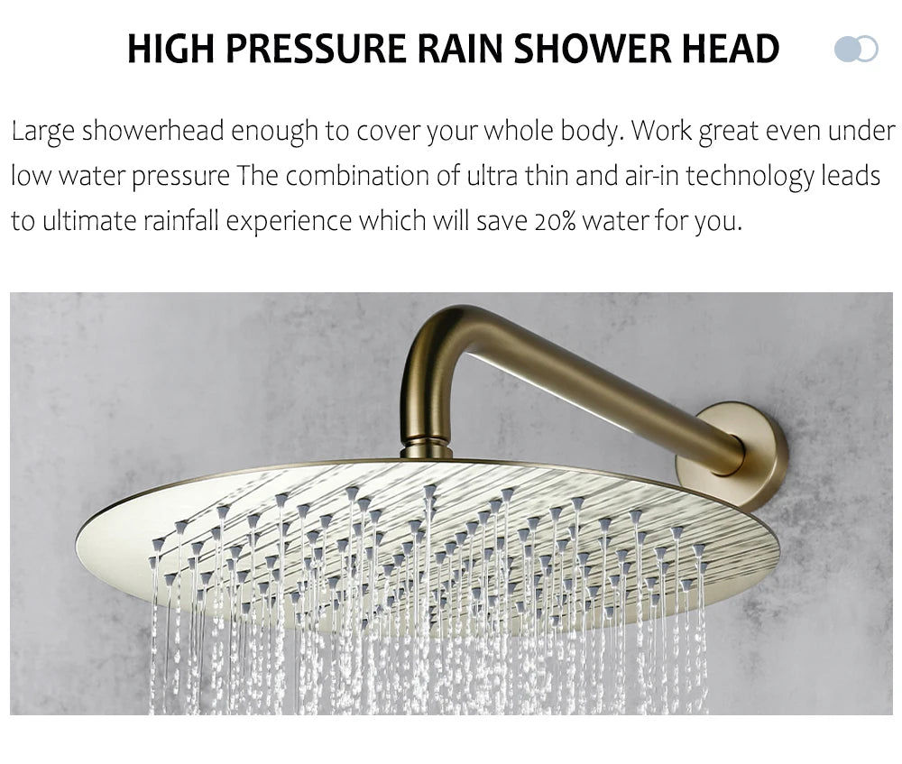 Bagnolux Ensemble Douche Pluie Mural Or Brossé – Valve de Contrôle, Pommeau Pluie, Douchette & Flexible | Salle de Bain Luxe