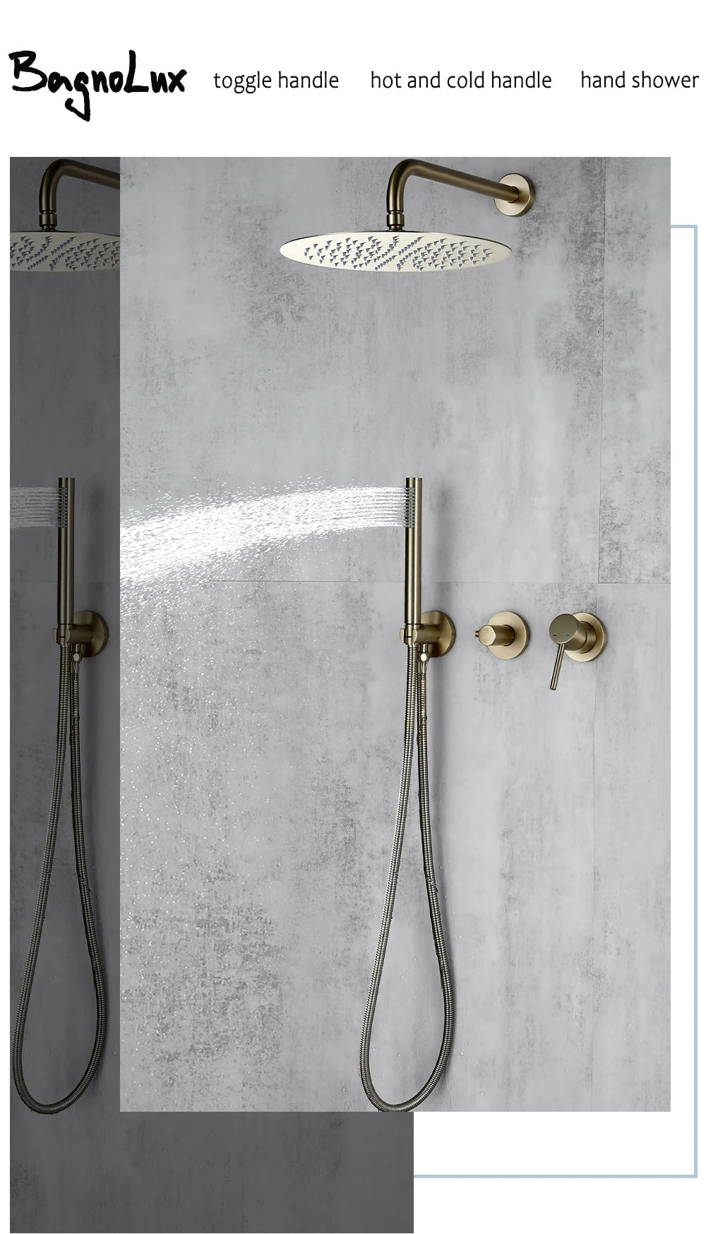 Bagnolux Ensemble Douche Pluie Mural Or Brossé – Valve de Contrôle, Pommeau Pluie, Douchette & Flexible | Salle de Bain Luxe