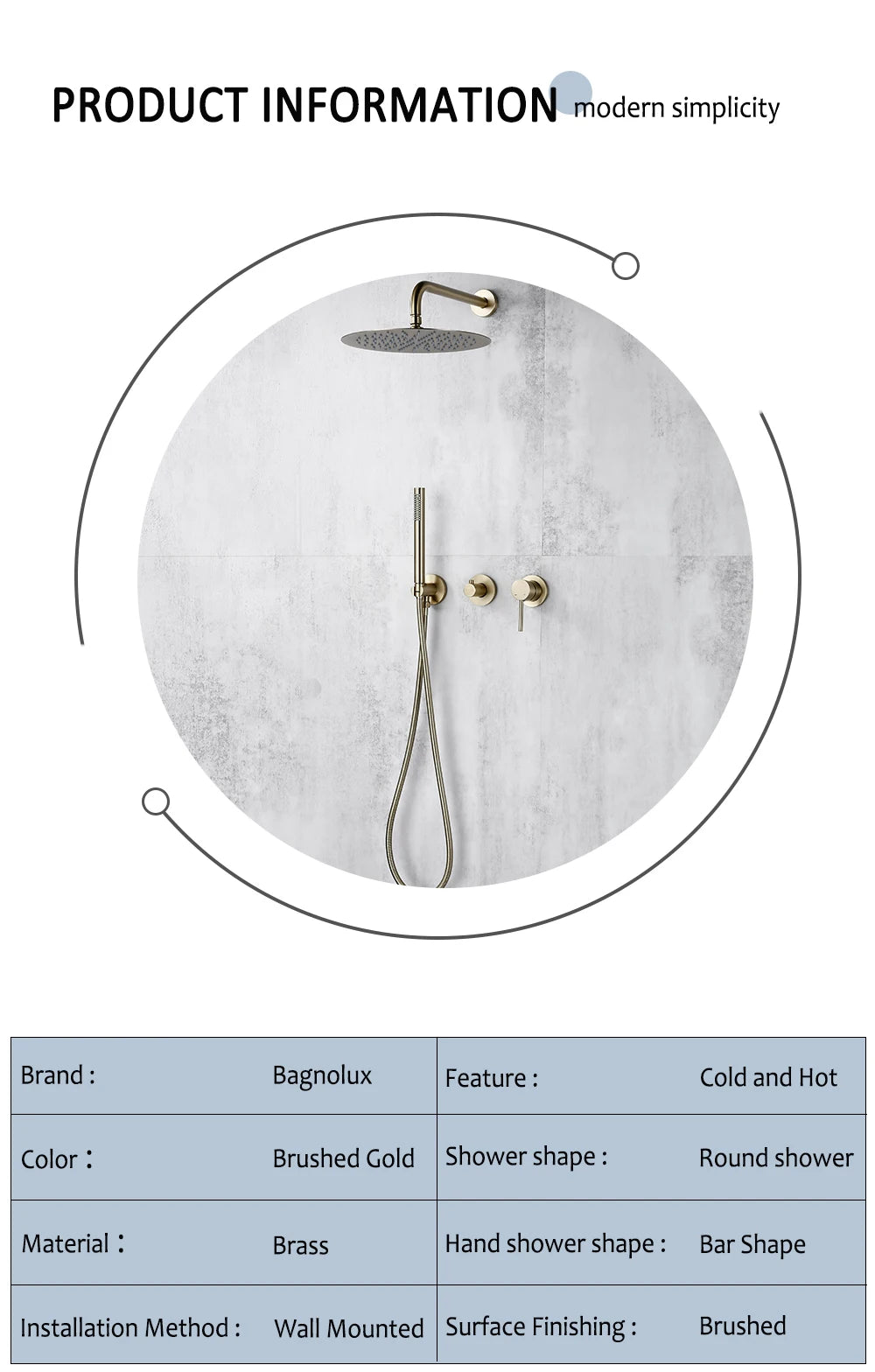 Bagnolux Ensemble Douche Pluie Mural Or Brossé – Valve de Contrôle, Pommeau Pluie, Douchette & Flexible | Salle de Bain Luxe